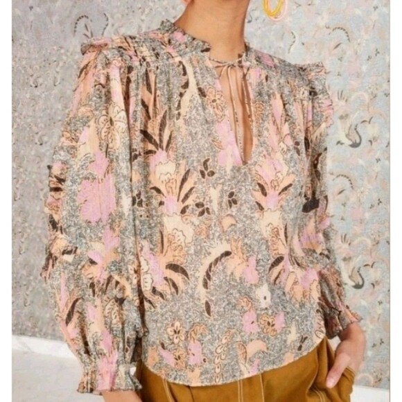 Ulla Johnson Tops - Ulla Johnson Silk Lara Birds of Paradise Ivory Pink Long Sleeve Blouse Size 2